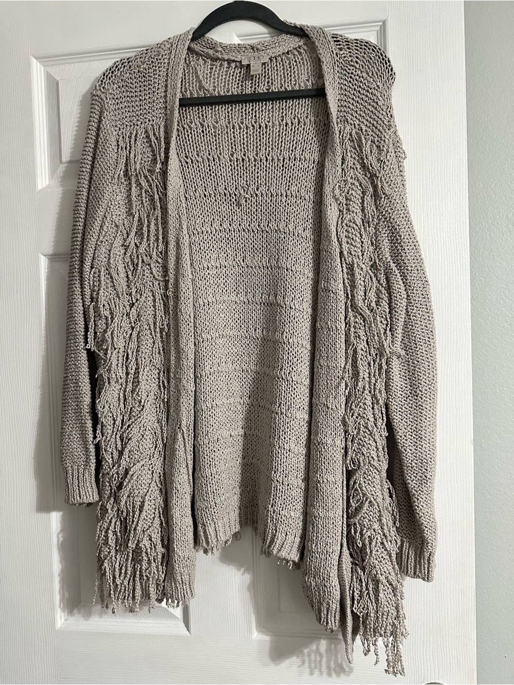 LOGO by Lori Goldstein Taupe Fringed Open-Front Cardigan
